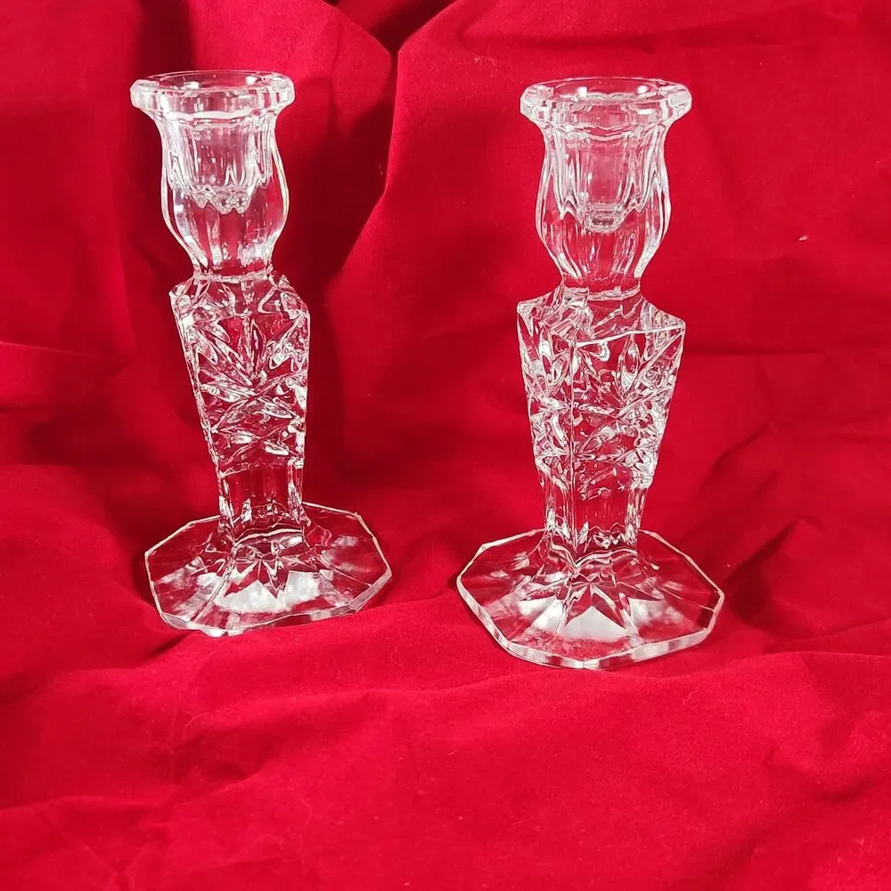 Vintage Cut Lead Crystal Candle Stick Holders Star Pattern 6”